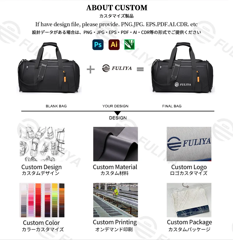Guangzhou Fuliya Industry Co.,Ltd C-81140 Thick PU travel gym bag, water-resistant, large capacity, shoe compartment, wet/dry pocket, side pocket, back zipper pocket, and luggage strap - hand or crossbody carry for travel, fitness, and commuting.