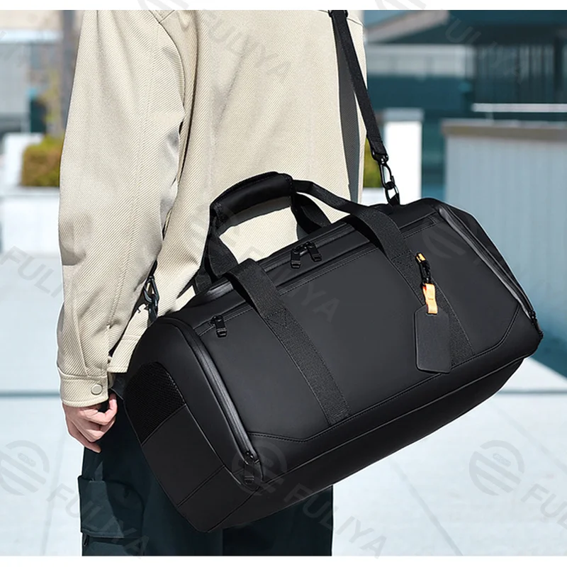 Guangzhou Fuliya Industry Co.,Ltd C-81140 Thick PU travel gym bag, water-resistant, large capacity, shoe compartment, wet/dry pocket, side pocket, back zipper pocket, and luggage strap - hand or crossbody carry for travel, fitness, and commuting.