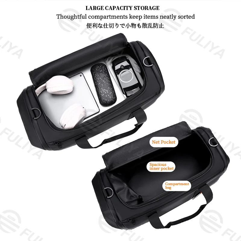 Guangzhou Fuliya Industry Co.,Ltd C-81140 Thick PU travel gym bag, water-resistant, large capacity, shoe compartment, wet/dry pocket, side pocket, back zipper pocket, and luggage strap - hand or crossbody carry for travel, fitness, and commuting.