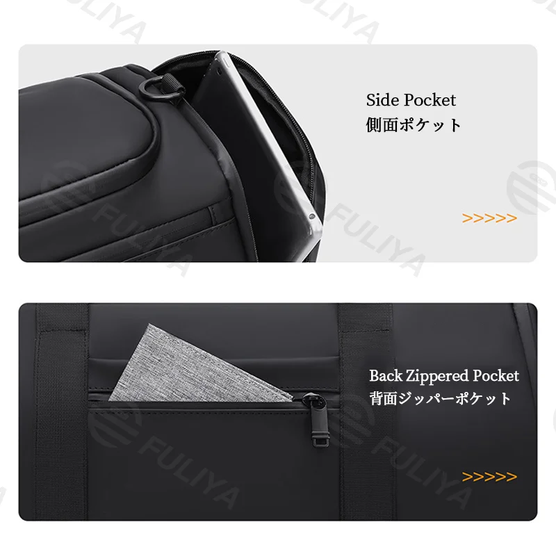 Guangzhou Fuliya Industry Co.,Ltd C-81140 Thick PU travel gym bag, water-resistant, large capacity, shoe compartment, wet/dry pocket, side pocket, back zipper pocket, and luggage strap - hand or crossbody carry for travel, fitness, and commuting.