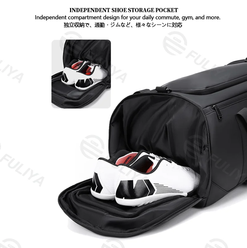 Guangzhou Fuliya Industry Co.,Ltd C-81140 Thick PU travel gym bag, water-resistant, large capacity, shoe compartment, wet/dry pocket, side pocket, back zipper pocket, and luggage strap - hand or crossbody carry for travel, fitness, and commuting.