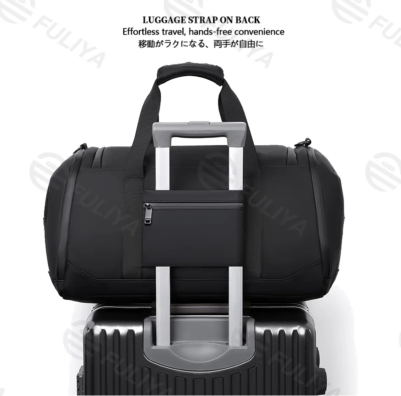 Guangzhou Fuliya Industry Co.,Ltd C-81140 Thick PU travel gym bag, water-resistant, large capacity, shoe compartment, wet/dry pocket, side pocket, back zipper pocket, and luggage strap - hand or crossbody carry for travel, fitness, and commuting.