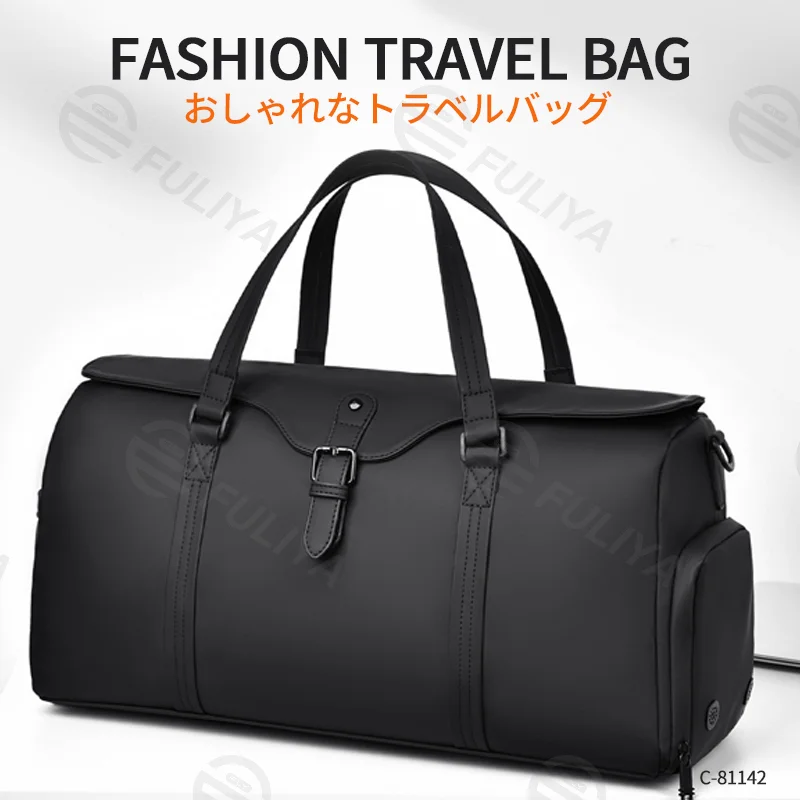 Guangzhou Fuliya Industry Co.,Ltd C-81142 Large-capacity PU travel gym bag, water-resistant, multi-layer storage, shoe compartment, wet/dry pocket, side bottle pocket, back zipper pocket, and luggage strap - for travel, fitness, and business trips.