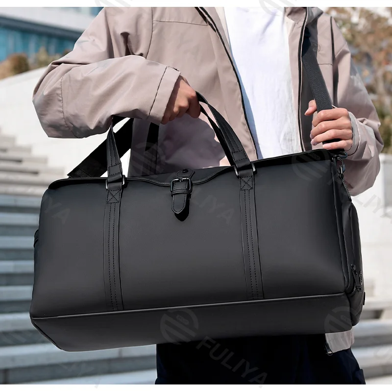 Guangzhou Fuliya Industry Co.,Ltd C-81142 Large-capacity PU travel gym bag, water-resistant, multi-layer storage, shoe compartment, wet/dry pocket, side bottle pocket, back zipper pocket, and luggage strap - for travel, fitness, and business trips.