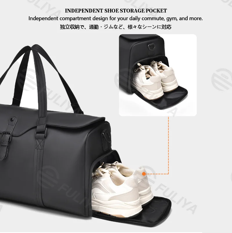 Guangzhou Fuliya Industry Co.,Ltd C-81142 Large-capacity PU travel gym bag, water-resistant, multi-layer storage, shoe compartment, wet/dry pocket, side bottle pocket, back zipper pocket, and luggage strap - for travel, fitness, and business trips.