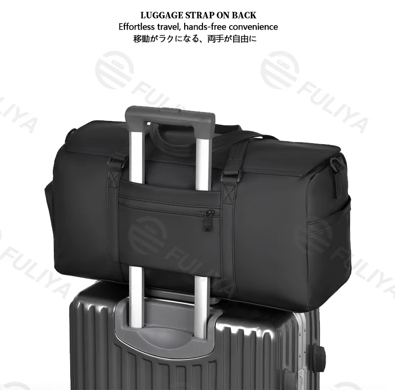 Guangzhou Fuliya Industry Co.,Ltd C-81142 Large-capacity PU travel gym bag, water-resistant, multi-layer storage, shoe compartment, wet/dry pocket, side bottle pocket, back zipper pocket, and luggage strap - for travel, fitness, and business trips.