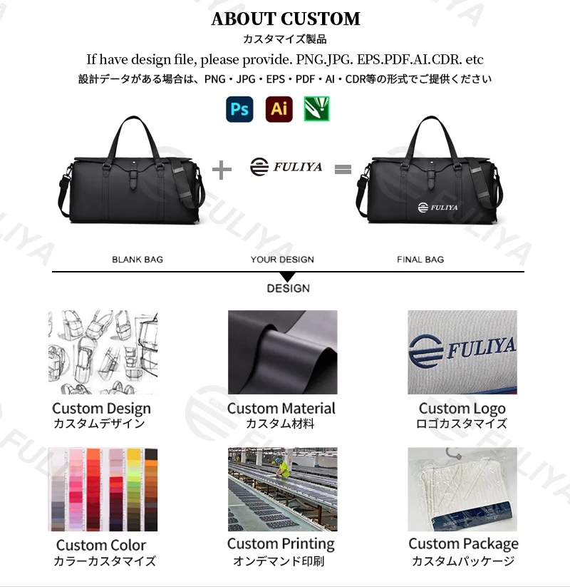 Guangzhou Fuliya Industry Co.,Ltd C-81142 Large-capacity PU travel gym bag, water-resistant, multi-layer storage, shoe compartment, wet/dry pocket, side bottle pocket, back zipper pocket, and luggage strap - for travel, fitness, and business trips.