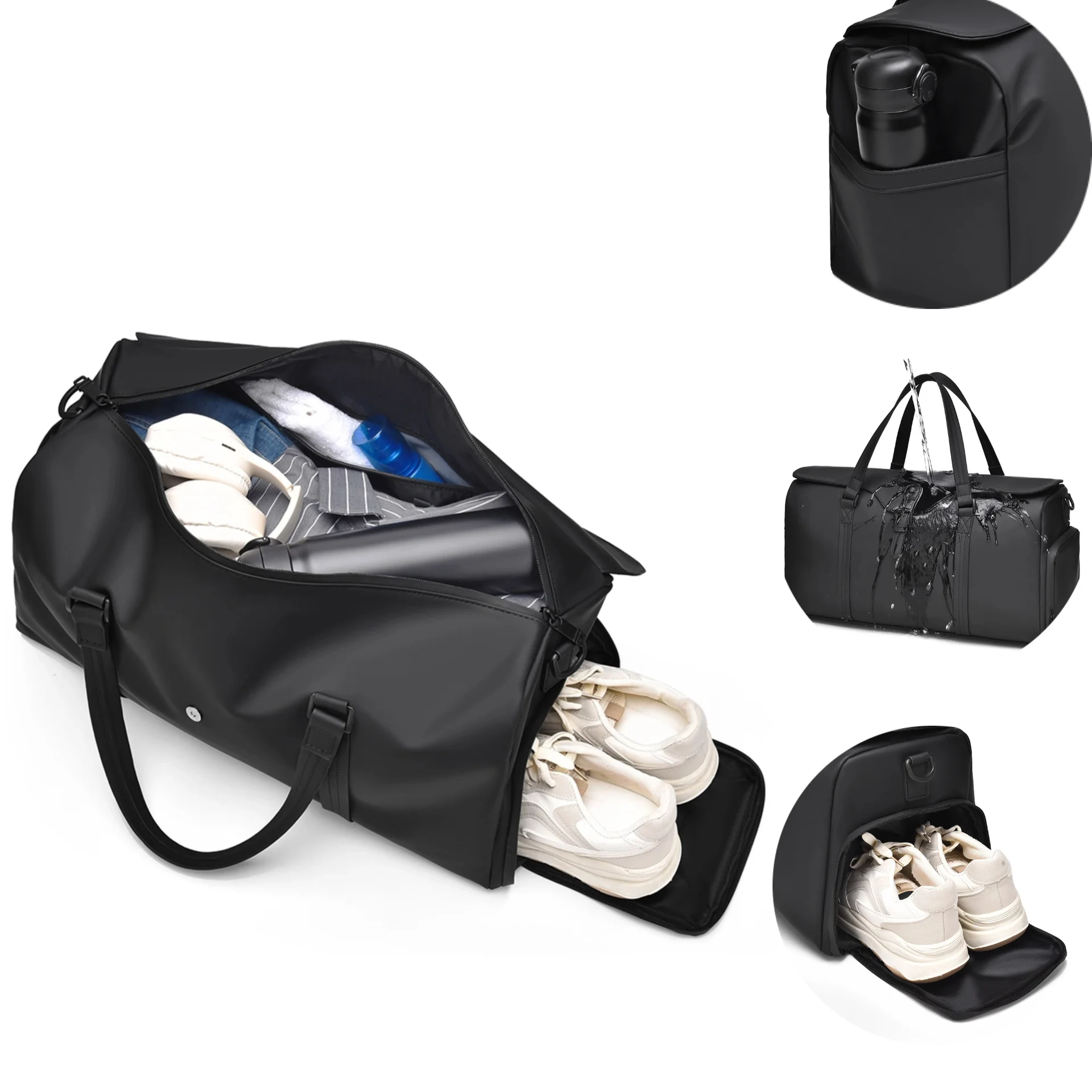 Guangzhou Fuliya Industry Co.,Ltd C-81142 Large-capacity PU travel gym bag, water-resistant, multi-layer storage, shoe compartment, wet/dry pocket, side bottle pocket, back zipper pocket, and luggage strap - for travel, fitness, and business trips.
