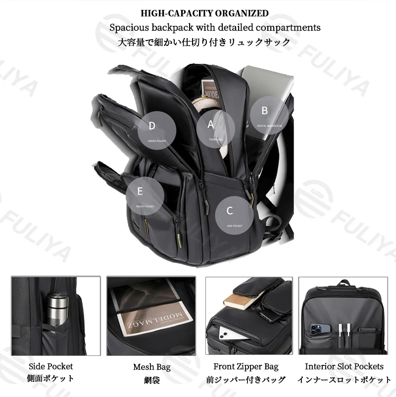 Guangzhou Fuliya Industry Co.,Ltd C-81144 Business travel backpack, water-resistant, large capacity, laptop compartment, side pocket, breathable mesh back panel, and luggage strap - for commuting, business, and school.