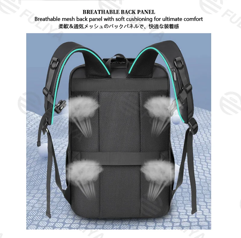 Guangzhou Fuliya Industry Co.,Ltd C-81144 Business travel backpack, water-resistant, large capacity, laptop compartment, side pocket, breathable mesh back panel, and luggage strap - for commuting, business, and school.