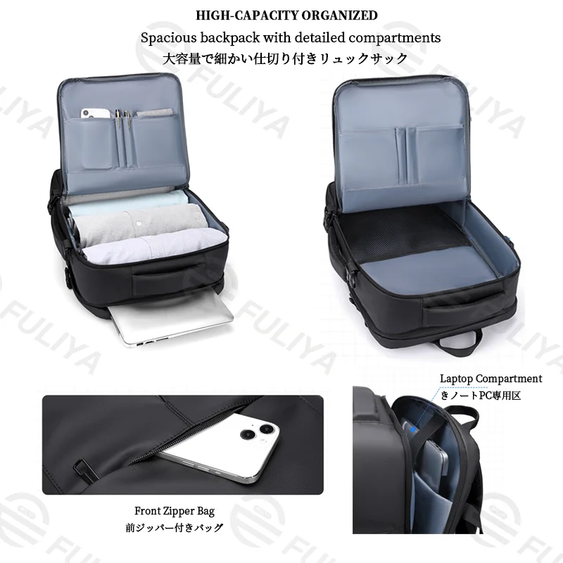 Guangzhou Fuliya Industry Co.,Ltd C-81145 Business travel backpack, water-resistant, large capacity, laptop compartment, front zipper pocket, and luggage strap - for commuting, business, school, and travel.
