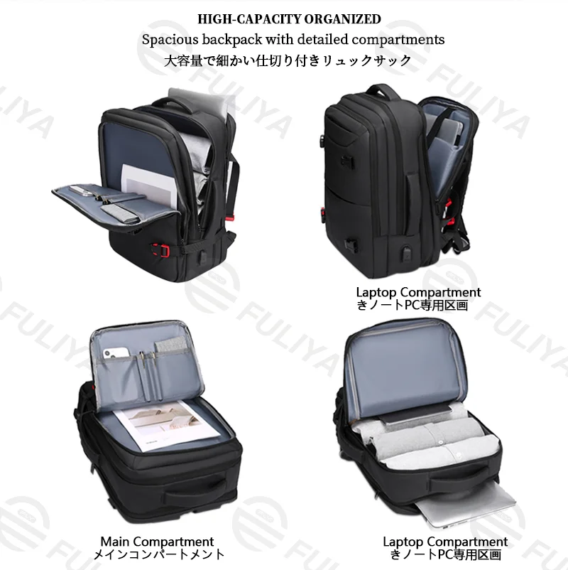 Guangzhou Fuliya Industry Co.,Ltd C-81146 Men's business backpack, water-resistant, large capacity, expandable 5cm (26L→36L), laptop compartment, USB port, and luggage strap - for business, business trips, and travel.