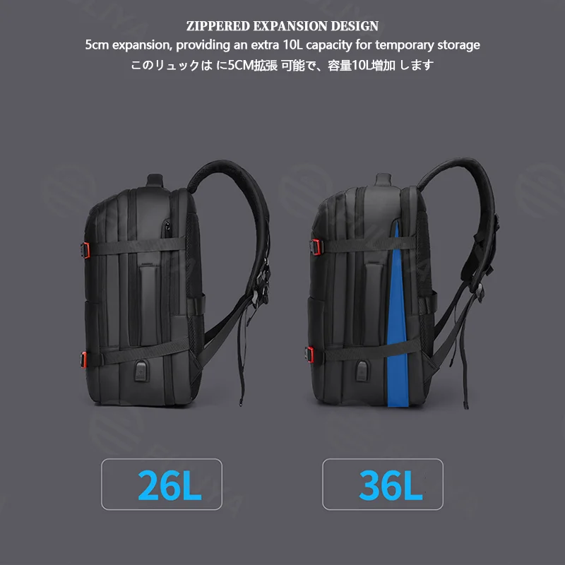 Guangzhou Fuliya Industry Co.,Ltd C-81146 Men's business backpack, water-resistant, large capacity, expandable 5cm (26L→36L), laptop compartment, USB port, and luggage strap - for business, business trips, and travel.