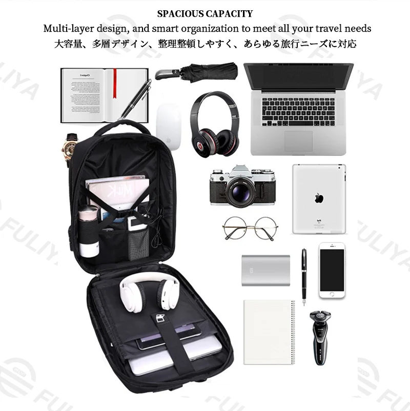 Guangzhou Fuliya Industry Co.,Ltd C-81147 Hard-shell laptop backpack, water-resistant, large capacity, laptop compartment, combination lock, USB port, and breathable back panel - for commuting, business, and school.