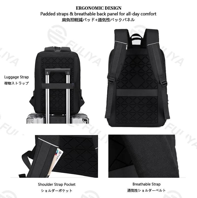 Guangzhou Fuliya Industry Co.,Ltd C-81147 Hard-shell laptop backpack, water-resistant, large capacity, laptop compartment, combination lock, USB port, and breathable back panel - for commuting, business, and school.