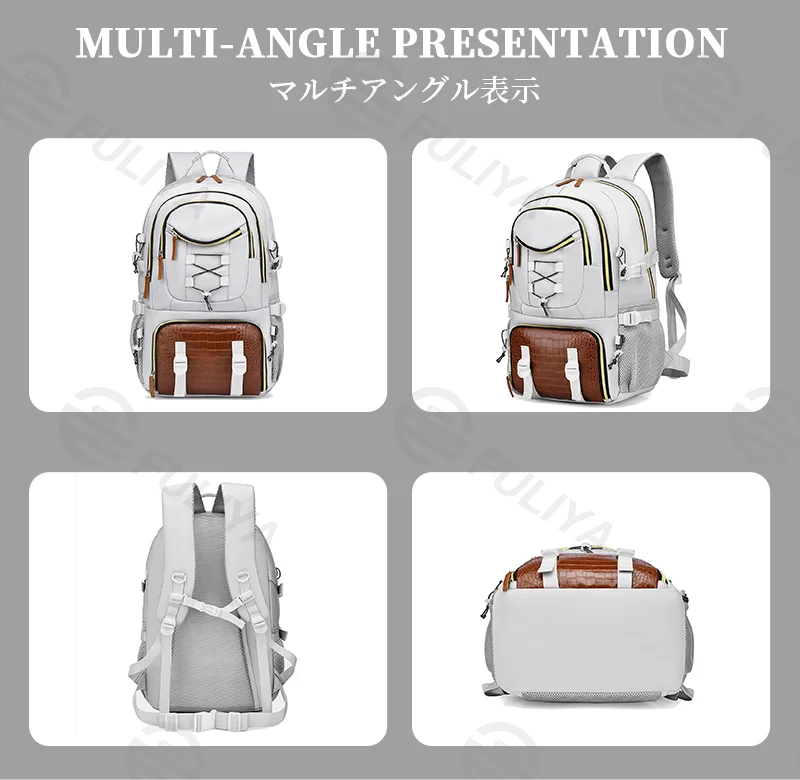Guangzhou Fuliya Industry Co.,Ltd C-81148 Large-capacity backpack, water-resistant, multi-layer storage, shoe compartment, laptop compartment, side pocket, and trekking pole attachments - for school, travel, and hiking.