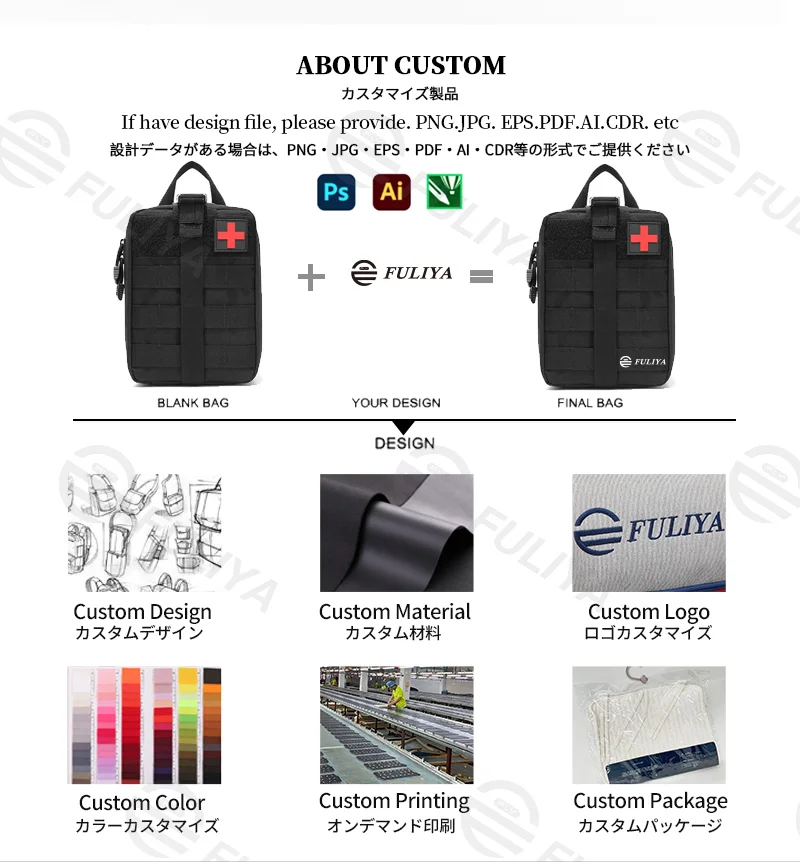 Guangzhou Fuliya Industry Co.,Ltd C-81150 Tactical medical pouch, wear-resistant, large capacity, mesh pocket, partition pocket, quick-release buckle, and MOLLE system - attachable to backpacks or belts for outdoor, hiking, climbing, and camping.