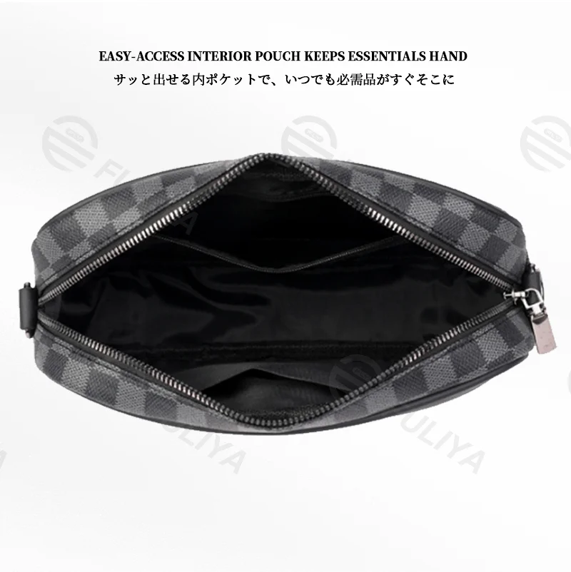 Guangzhou Fuliya Industry Co.,Ltd C-81156 Men's checkered crossbody bag, water-resistant, multi-layer storage, front pocket, back snap button, inner pocket, detachable hook, and adjustable buckle - for casual, commuting, and travel.