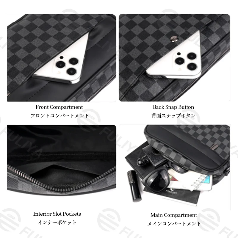 Guangzhou Fuliya Industry Co.,Ltd C-81156 Men's checkered crossbody bag, water-resistant, multi-layer storage, front pocket, back snap button, inner pocket, detachable hook, and adjustable buckle - for casual, commuting, and travel.