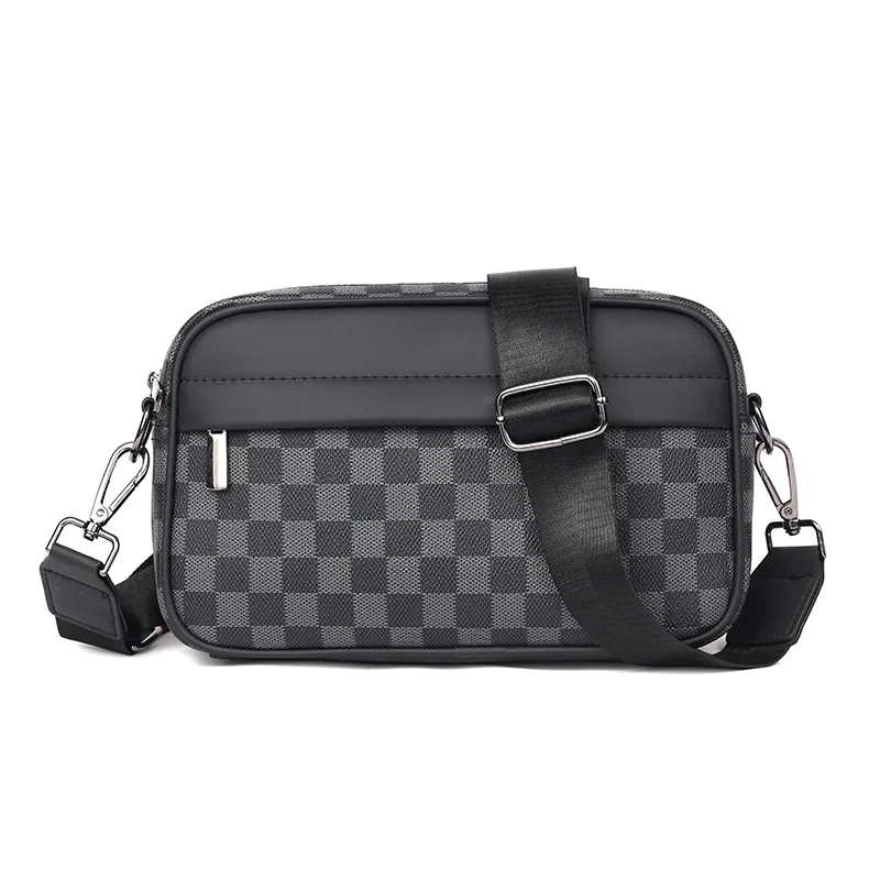 Guangzhou Fuliya Industry Co.,Ltd C-81156 Men's checkered crossbody bag, water-resistant,  multi-layer storage, front pocket, back snap button, inner pocket, detachable hook, and adjustable buckle - for casual, commuting, and travel.