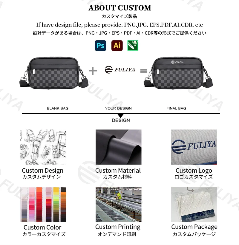 Guangzhou Fuliya Industry Co.,Ltd C-81156 Men's checkered crossbody bag, water-resistant, multi-layer storage, front pocket, back snap button, inner pocket, detachable hook, and adjustable buckle - for casual, commuting, and travel.
