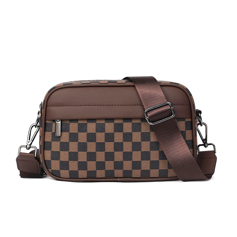 Guangzhou Fuliya Industry Co.,Ltd C-81156 Men's checkered crossbody bag, water-resistant,  multi-layer storage, front pocket, back snap button, inner pocket, detachable hook, and adjustable buckle - for casual, commuting, and travel.
