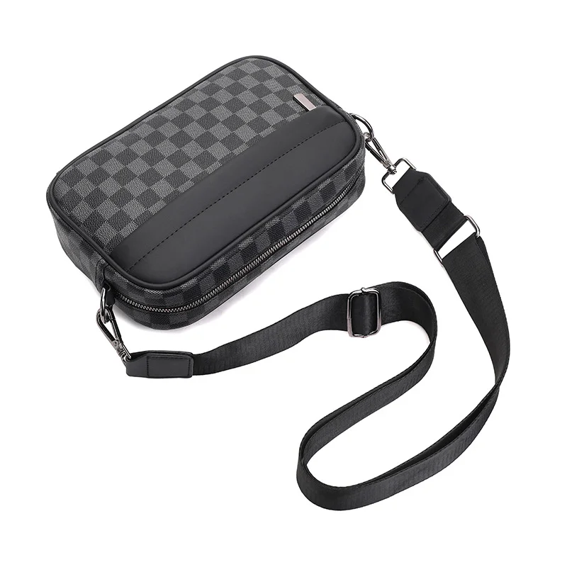 Guangzhou Fuliya Industry Co.,Ltd C-81156 Men's checkered crossbody bag, water-resistant,  multi-layer storage, front pocket, back snap button, inner pocket, detachable hook, and adjustable buckle - for casual, commuting, and travel.