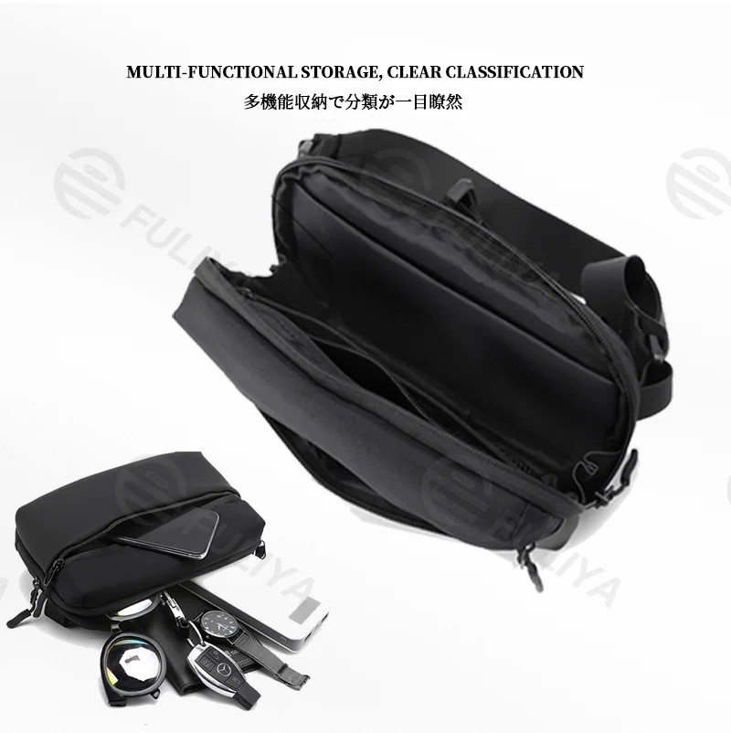 Guangzhou Fuliya Industry Co.,Ltd C-81157 Men's chest/crossbody bag, lightweight, front pocket, anti-theft back pocket, inner pocket, adjustable strap, and snap buckle - chest, crossbody, or waist carry for outdoor, travel, and daily use.
