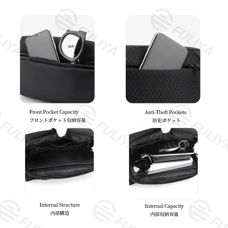 Guangzhou Fuliya Industry Co.,Ltd C-81157 Men's chest/crossbody bag, lightweight, front pocket, anti-theft back pocket, inner pocket, adjustable strap, and snap buckle - chest, crossbody, or waist carry for outdoor, travel, and daily use.