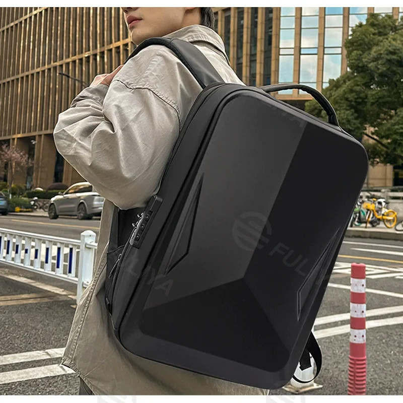 Guangzhou Fuliya Industry Co.,Ltd C-81158 Hard-shell laptop backpack, large capacity, laptop compartment, side expansion zipper (+10cm), sternum strap, breathable mesh back panel, and luggage strap - for commuting, short trips, and gaming.