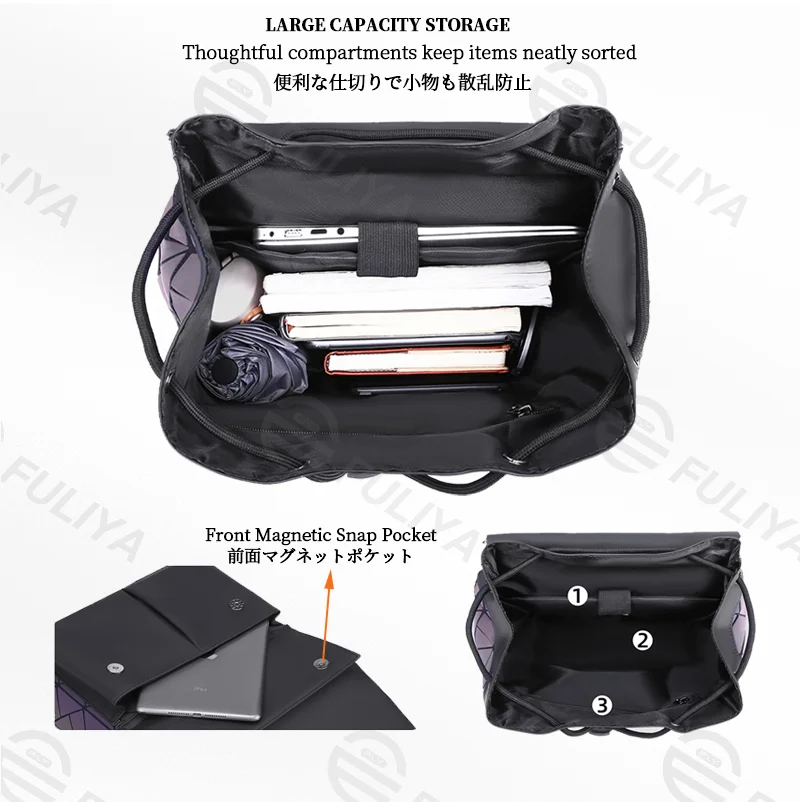 Guangzhou Fuliya Industry Co.,Ltd C-81159 Large-capacity business laptop backpack, water-resistant, laptop compartment, front magnetic pocket, breathable back panel, and luggage strap, with holographic laser elements - for commuting and travel.