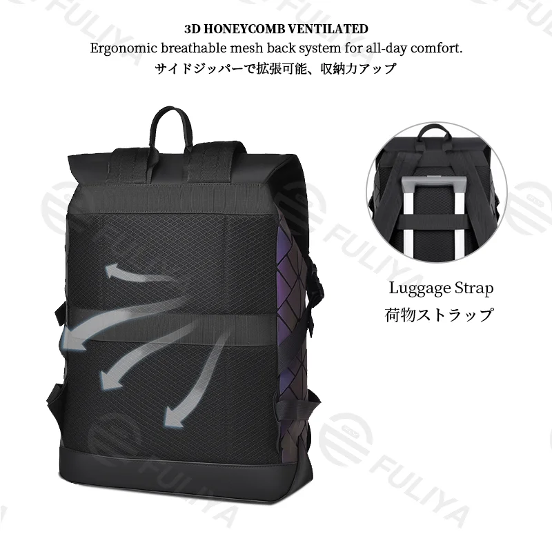 Guangzhou Fuliya Industry Co.,Ltd C-81159 Large-capacity business laptop backpack, water-resistant, laptop compartment, front magnetic pocket, breathable back panel, and luggage strap, with holographic laser elements - for commuting and travel.