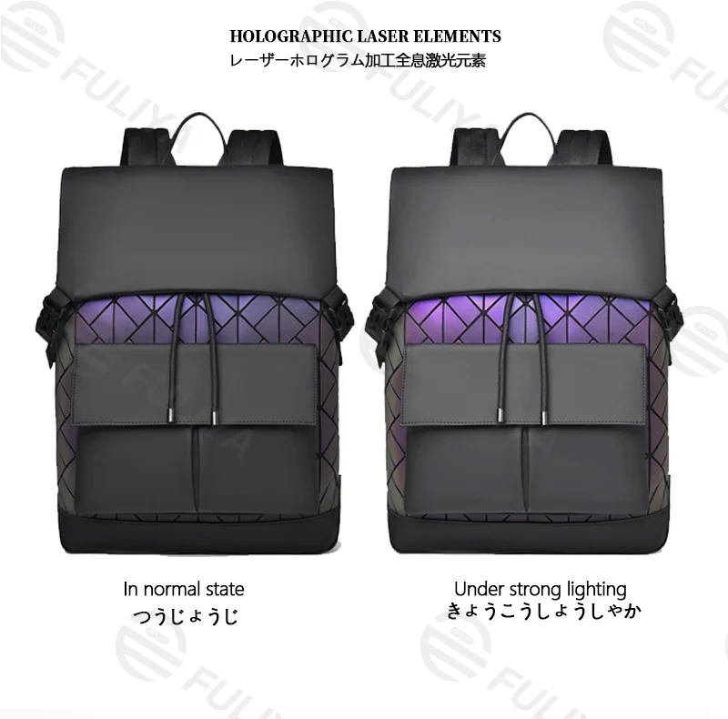 Guangzhou Fuliya Industry Co.,Ltd C-81159 Large-capacity business laptop backpack, water-resistant, laptop compartment, front magnetic pocket, breathable back panel, and luggage strap, with holographic laser elements - for commuting and travel.