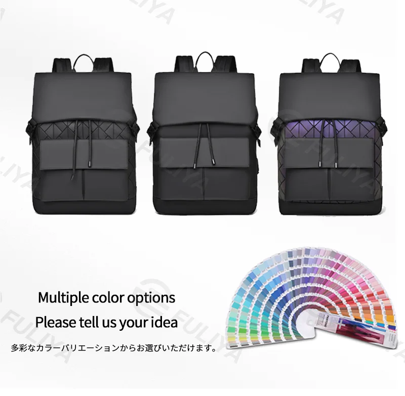 Guangzhou Fuliya Industry Co.,Ltd C-81159 Large-capacity business laptop backpack, water-resistant, laptop compartment, front magnetic pocket, breathable back panel, and luggage strap, with holographic laser elements - for commuting and travel.