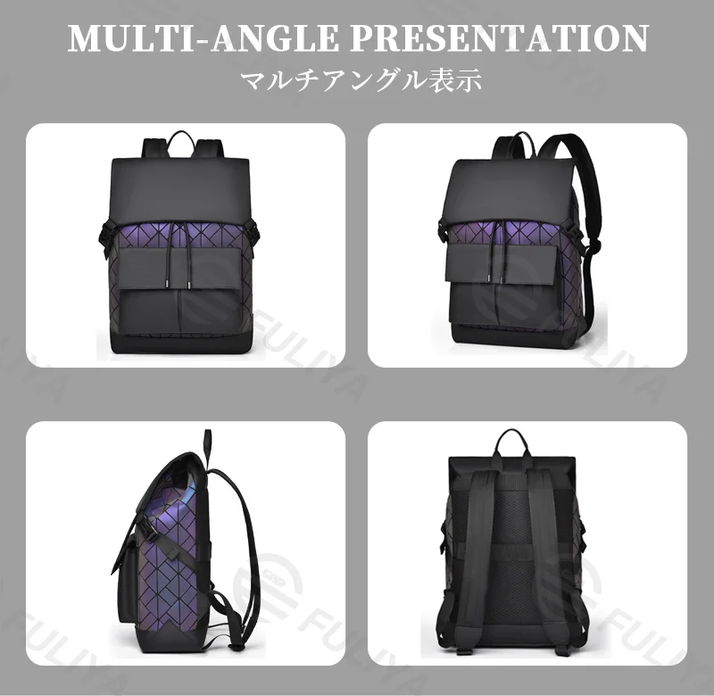 Guangzhou Fuliya Industry Co.,Ltd C-81159 Large-capacity business laptop backpack, water-resistant, laptop compartment, front magnetic pocket, breathable back panel, and luggage strap, with holographic laser elements - for commuting and travel.
