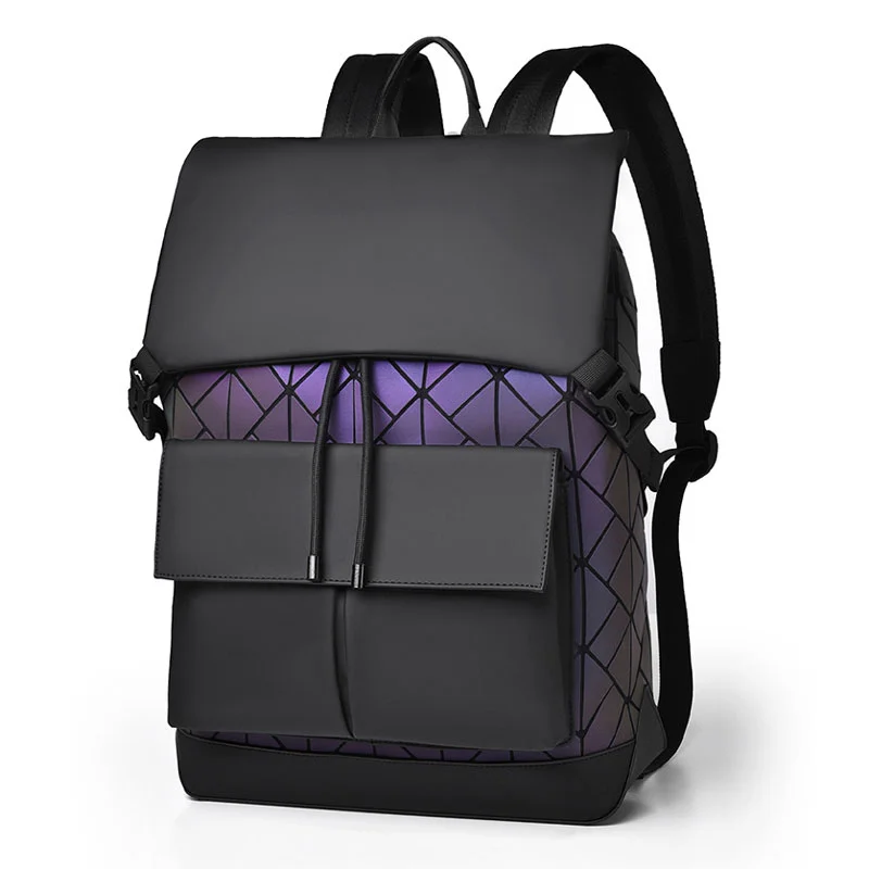 Guangzhou Fuliya Industry Co.,Ltd C-81159  Large-capacity business laptop backpack, water-resistant, laptop compartment, front magnetic pocket, breathable back panel, and luggage strap, with holographic laser elements - for commuting and travel.