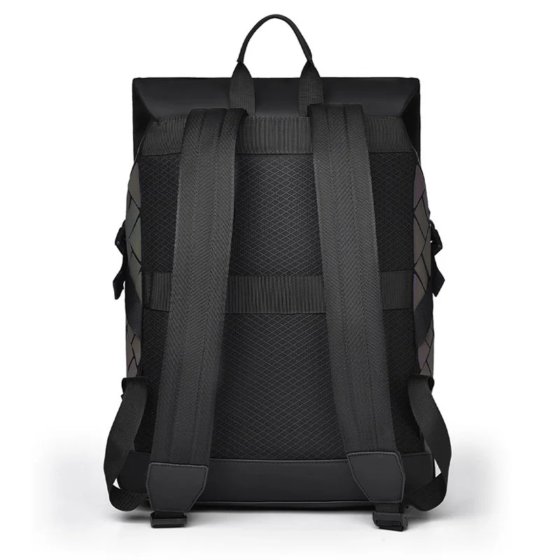 Guangzhou Fuliya Industry Co.,Ltd C-81159  Large-capacity business laptop backpack, water-resistant, laptop compartment, front magnetic pocket, breathable back panel, and luggage strap, with holographic laser elements - for commuting and travel.