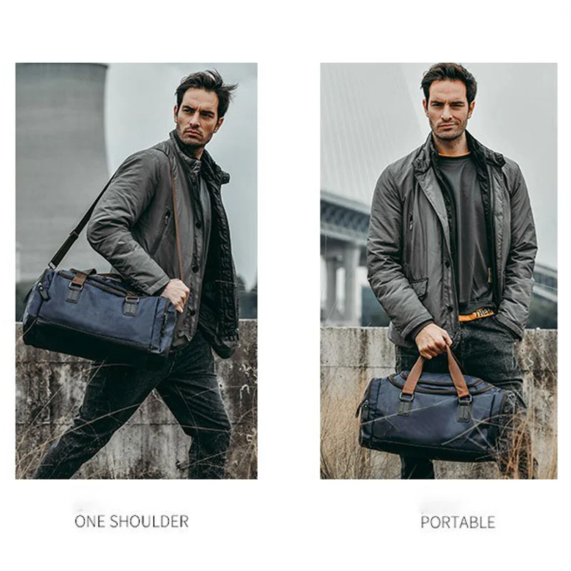 Guangzhou Fuliya Industry Co.,Ltd C-81165 Waterproof PU leather business duffle bag, large capacity, side zipper pockets, detachable shoulder strap, and comfortable handle - hand or shoulder carry for business trips, travel, and fitness.