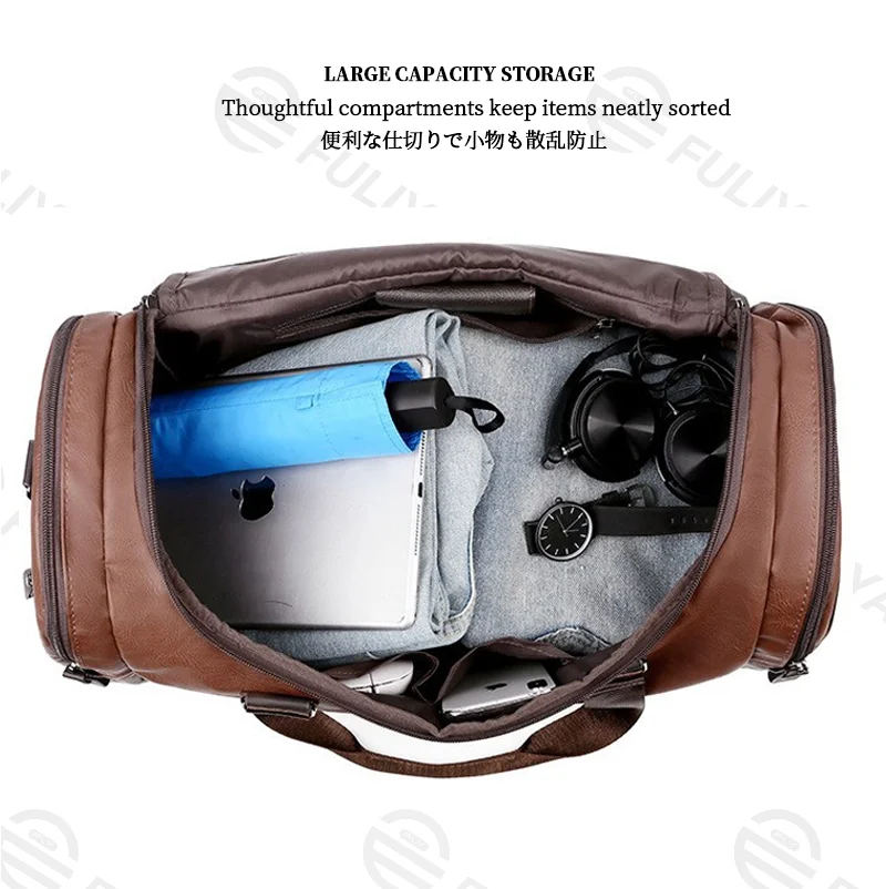 広州富麗雅実業有限会社 C-81165 防水PUレザービジネスダッフルバッグ、大容量多仕切り、サイドジッパーポケット、取り外しショルダー、快適ハンドル - 手提げ・肩掛け、出張・旅行・フィットネスに。