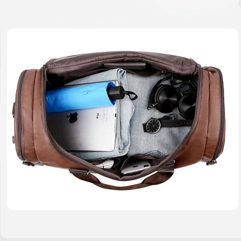 Guangzhou Fuliya Industry Co.,Ltd C-81165 Waterproof PU leather business duffle bag, large capacity, side zipper pockets, detachable shoulder strap, and comfortable handle - hand or shoulder carry for business trips, travel, and fitness.