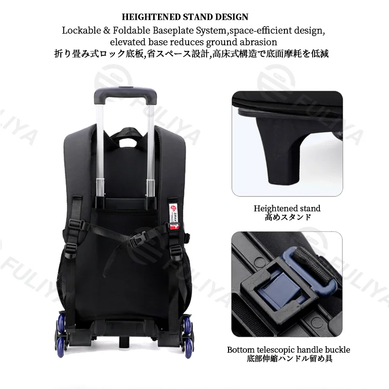 Guangzhou Fuliya Industry Co.,Ltd C-81166 Large-capacity trolley backpack, water-resistant, alloy 3-level handle and 6-wheel stair-climbing system - detachable for trolley, backpack, shoulder, or tote carry for students and travel.