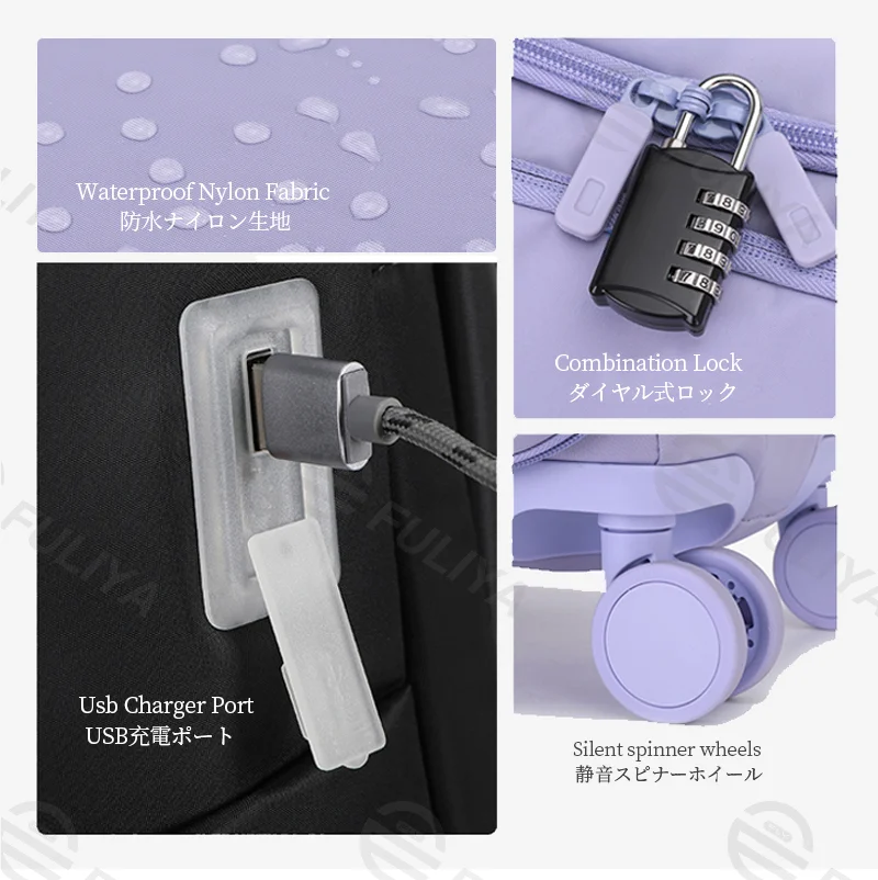 広州富麗雅実業有限会社 C-81169 超軽量キャリーバッグ、防水ナイロン、ワンタッチ収納アルミハンドル、USBポート、ダイヤルロック、静音スピナーホイール、乾湿分離収納、1:9開閉設計 - 機内持ち込み・短距離旅行に。