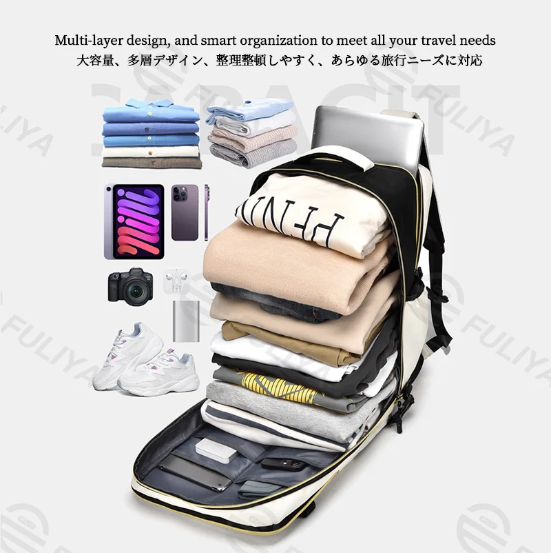 Guangzhou Fuliya Industry Co.,Ltd C-81171 Multi-functional backpack, water-resistant, large capacity, laptop compartment, shoe compartment, honeycomb breathable back panel, snap buckle, and smooth zipper - for school, travel, and daily use.