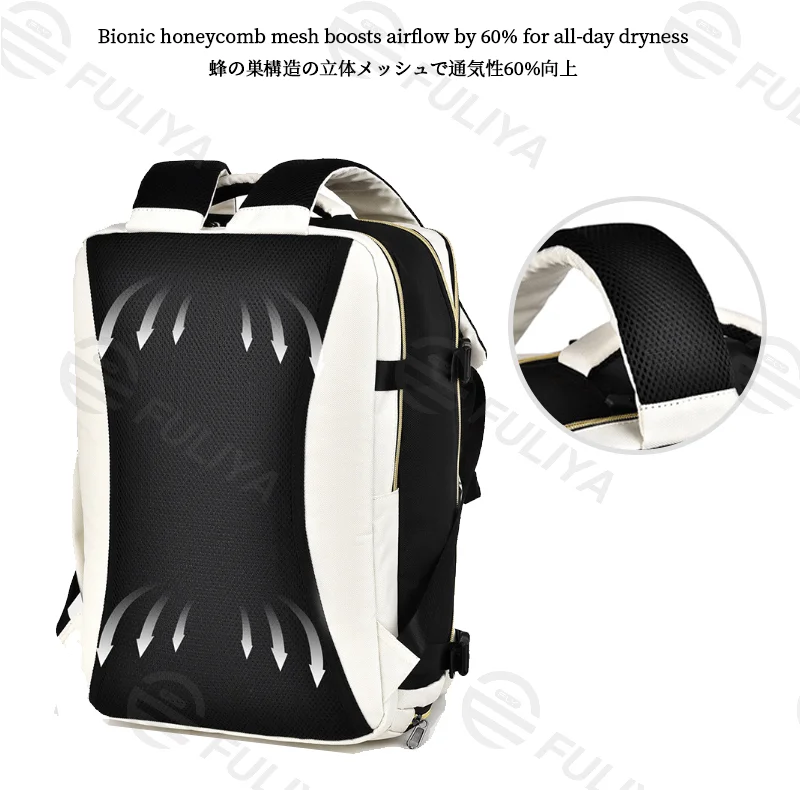 Guangzhou Fuliya Industry Co.,Ltd C-81171 Multi-functional backpack, water-resistant, large capacity, laptop compartment, shoe compartment, honeycomb breathable back panel, snap buckle, and smooth zipper - for school, travel, and daily use.