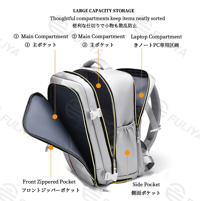 Guangzhou Fuliya Industry Co.,Ltd C-81173 Large-capacity waterproof travel backpack, dual 180° lay-flat compartments, laptop compartment, shoe compartment, honeycomb breathable back panel, and snap buckle - for commuting, travel, and school.