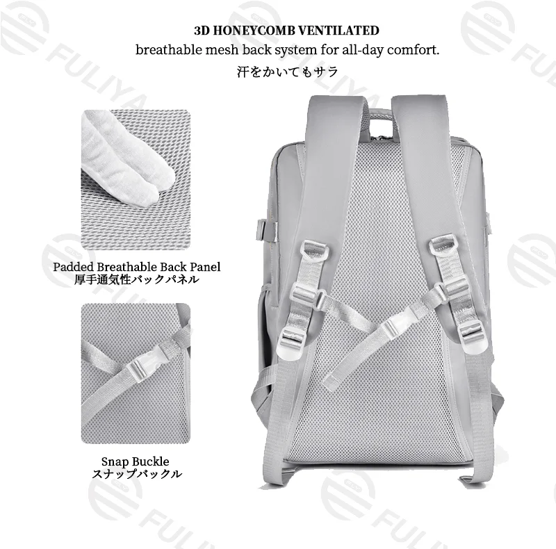 Guangzhou Fuliya Industry Co.,Ltd C-81173 Large-capacity waterproof travel backpack, dual 180° lay-flat compartments, laptop compartment, shoe compartment, honeycomb breathable back panel, and snap buckle - for commuting, travel, and school.