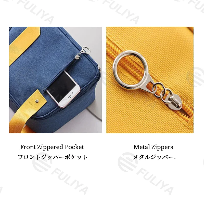 Guangzhou Fuliya Industry Co.,Ltd C-81176 Hand-carry insulated lunch bag, water-resistant, oil-resistant, no-wash foil lining, twin-zipper wide opening, front zipper pocket, and comfortable handle - for office, school, and outings.