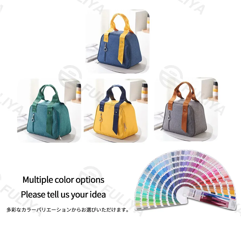 Guangzhou Fuliya Industry Co.,Ltd C-81176 Hand-carry insulated lunch bag, water-resistant, oil-resistant, no-wash foil lining, twin-zipper wide opening, front zipper pocket, and comfortable handle - for office, school, and outings.