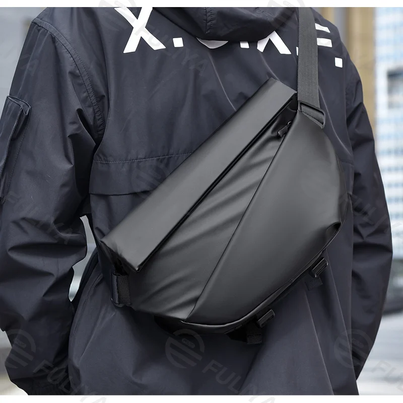 Guangzhou Fuliya Industry Co.,Ltd C-81177 Men's crossbody chest bag, water-resistant, large capacity, magnetic snap, retractable keychain, front/back zipper pockets, tripod strap, bottle holder, and luggage strap - for commuting, travel, and outdoor.