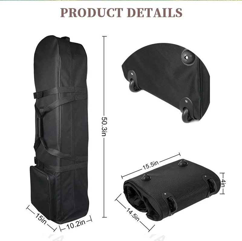 Guangzhou Fuliya Industry Co.,Ltd C-81183 Golf bag dust cover, water-resistant, non-slip rubber base, lockable handles, snap buckle, front zipper pocket, and internal adjustable strap - for travel, outdoor, and daily protection.